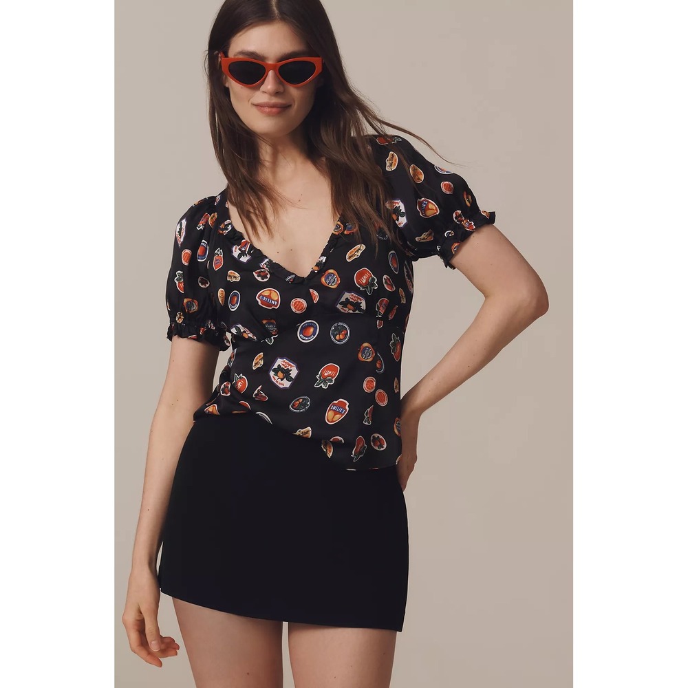 Maeve Anthropologie Fruit Sticker Print V-Neck Puff Sleeve Blouse Black Size M